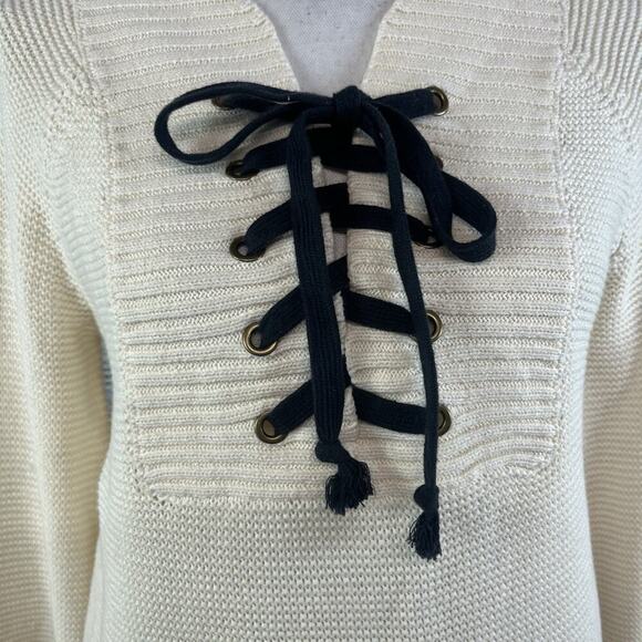 Marled Reunited Clothing Sweater size Small Ivory Navy Lace Up Front Nautical - Picture 4 of 7